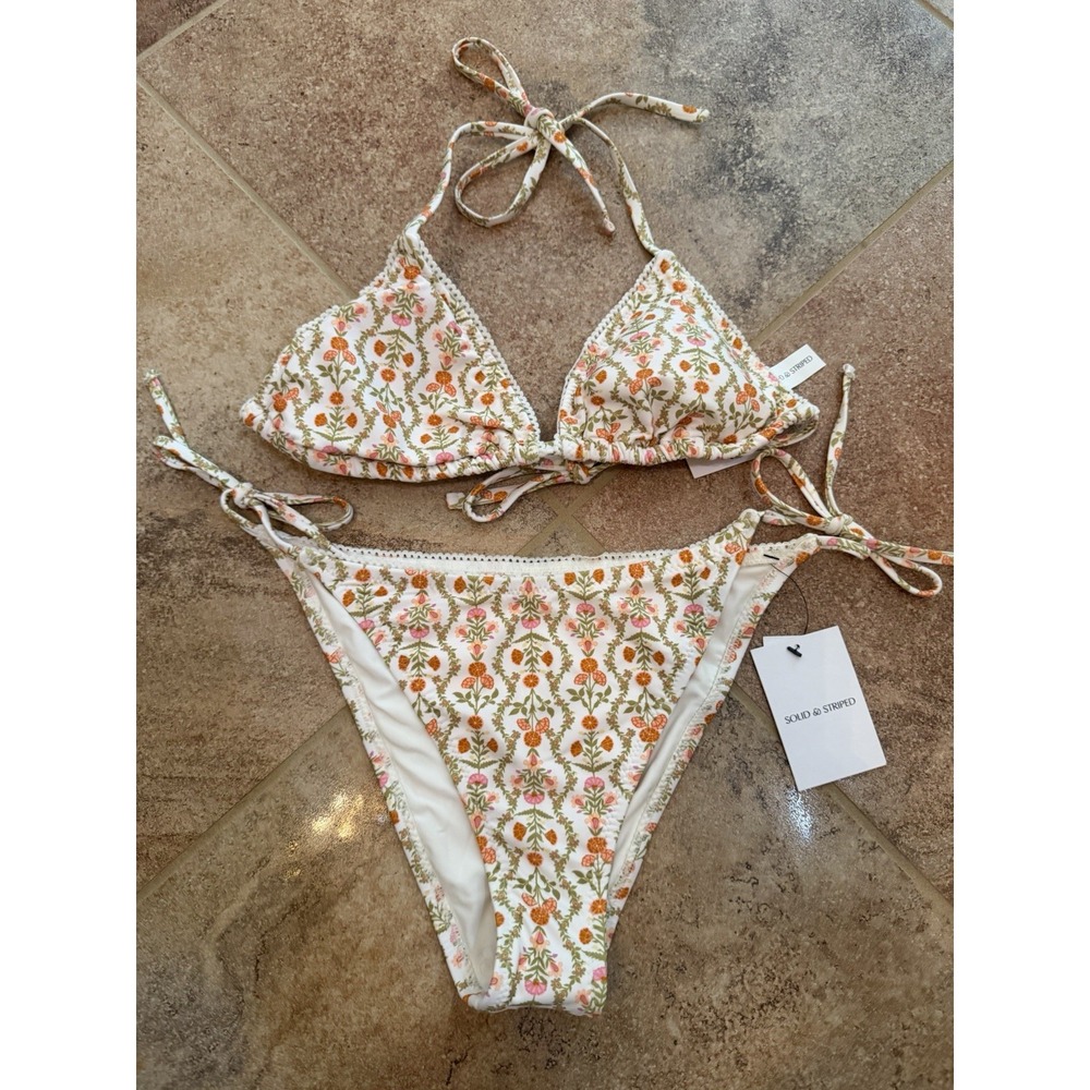 Women's Solid & Striped Floral Triangle Bikini Set Size Medium NWT Cheeky Bottom